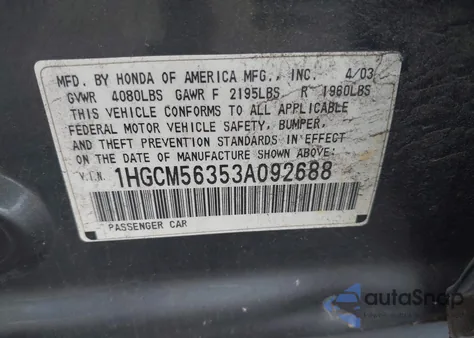 2003 Honda Accord 2.4 Lx z USA, uszkodzony, nr VIN 1HGCM56353A092688